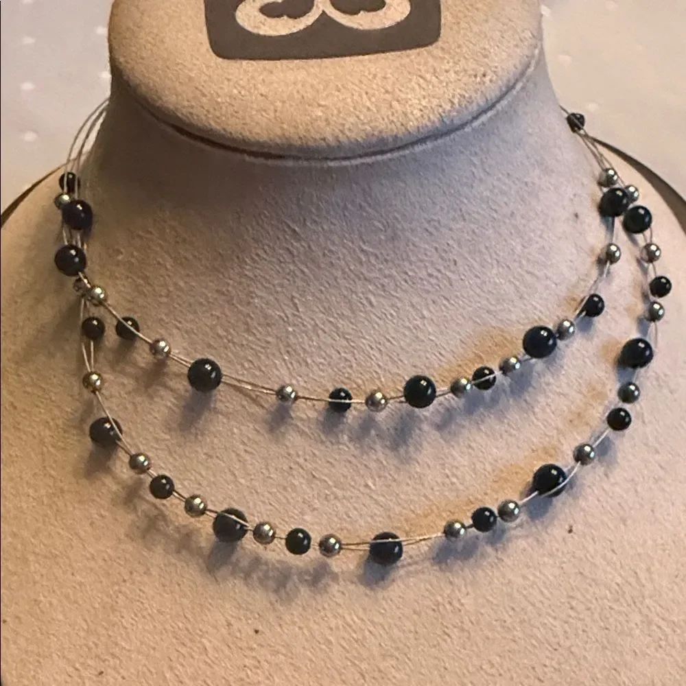 Sterling Silver Elegant Two-Strand Black Bead & Silver Accent Necklace